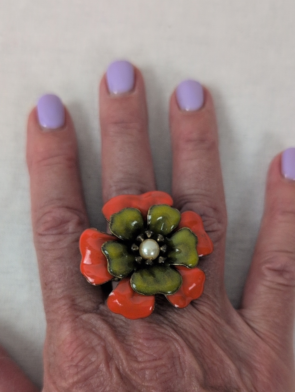 OLLIPOP Enamel Statement Ring in Orange and Green with Faux Pearl Center